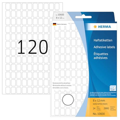 HERMA Removable Labels, 120 Labels per Sheet, 24 Sheets, 8 x 12 mm, 2880 Labels, Self Adhesive Mini Labels Stickers, Blank Sticky Multi Purpose Labels for Office Kitchen Home, White - size: 8 x 12 mm