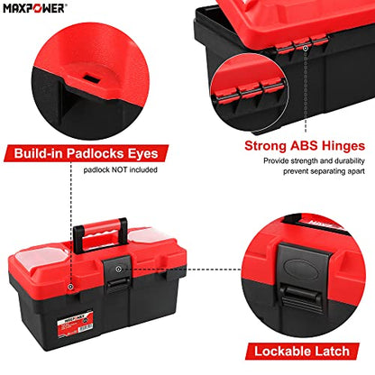 MAXPOWER Small Tool Box, 14-inch Plastic Tool Boxes with Handle - color: Red, size: 14”