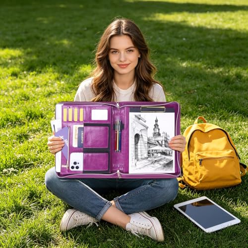 Portfolio Organizer Binder with Zipper, Padfolio for Women - color: Purple