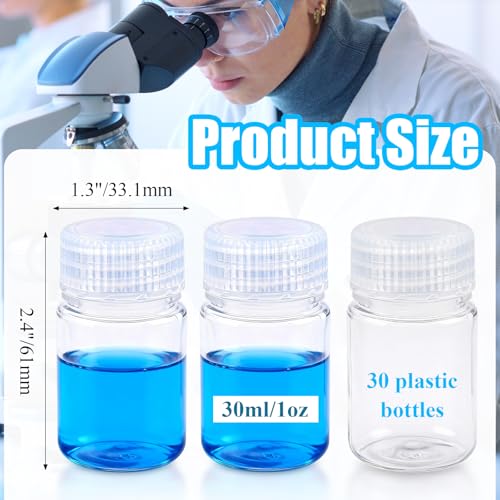 30 Pcs Airtight Pill Bottles, 1oz Plastic Wide Mouth Reagent Lab Bottle with Lids, Small Water Sample Container for Liquids, Toiletries,Travel(PP,Clear,30ML)