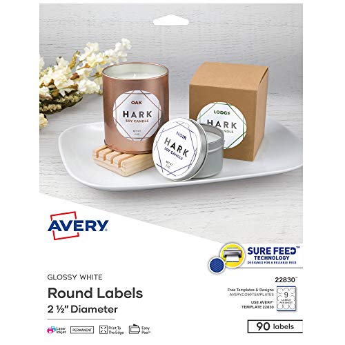 Avery Printable Round Labels with Sure Feed, 2.5" Diameter, Glossy White, 90 Customizable Labels (22830) - color: Glossy White, size: 2.5", style: 90 labels