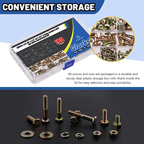 Glarks 180Pcs 1/4"-20 Grade 8 Coarse Thread Hex Bolts Nuts Screws Washers Assortment Kit, 5 Size 1/2", 3/4", 1", 1-1/4", 1-1/2" Hex Head Cap Screws and Hex Nuts Flat Washers Lock Washers Set