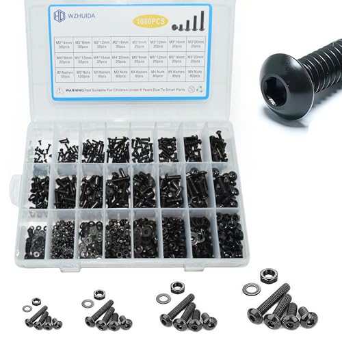 1080 Pcs M2 M3 M4 M5 Screws Assortment Kit, Metric Hex Button Head Socket Cap Screws Nuts Washers Kit with Wrench Grade 10.9 Alloy Steel, Black Zinc Plated - style: M2-M5 1080Pcs 4mm-20mm