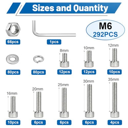 292PCS M6 Socket Bolts Nut Assortment Kit, M6x8/10/12/16/20/25/30/35mm - size: SS M6 292PCS
