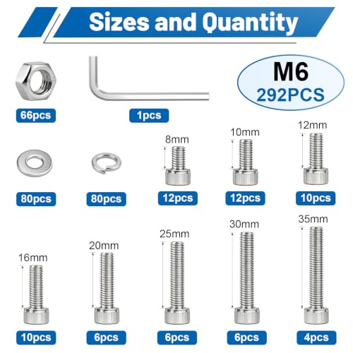 292PCS M6 Socket Bolts Nut Assortment Kit, M6x8/10/12/16/20/25/30/35mm - size: SS M6 292PCS
