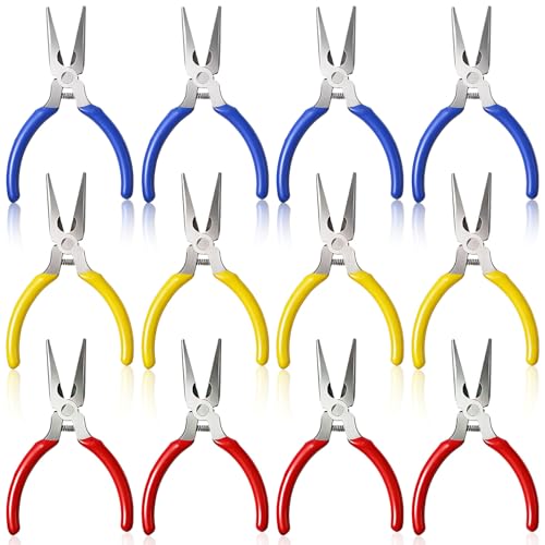 12-Piece Needle Nose Set with Wire Cutters, 5-Inch Mini Long Nose Pliers in Blue/Yellow/Red, Spring Loaded Precision Pliers for Crafts, Jewelry Making, Electronics Repair & Tiny Projects