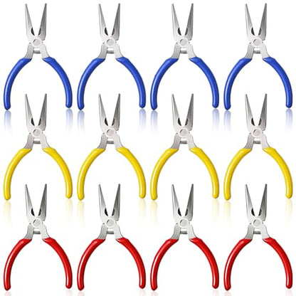 12-Piece Needle Nose Set with Wire Cutters, 5-Inch Mini Long Nose Pliers in Blue/Yellow/Red, Spring Loaded Precision Pliers for Crafts, Jewelry Making, Electronics Repair & Tiny Projects