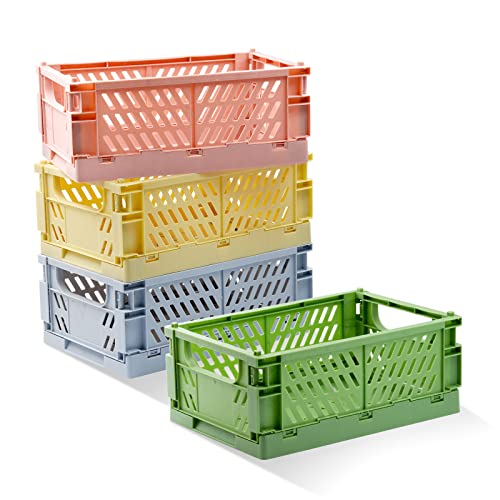 4 Pack Pastel Crates for Storage, Plastic Folding Basket, Colorful Small Storage Containers for Bedroom Office Classroom Bathroom Desktop Drawer Organizer Decor (9.8x6.5x3.8inch) - size: Medium