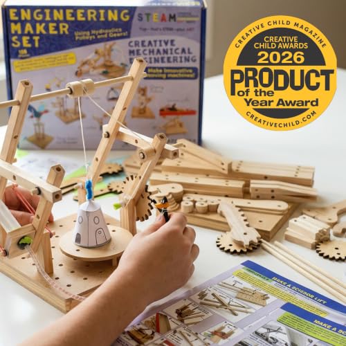 PATHFINDERS Engineering Maker Set — Real Wood STEM Building Kit | Hydraulics, Gears, Levers & Pulleys | 10 Challenges + 15 Challenge Cards | Ages 8+
