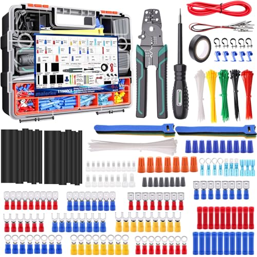 1180pcs Wire Connectors Terminals Kit with Wire Cutter Crimp Plier and Voltage Tester Screwdriver Heat Shrink Tubing Electrical Cable Connectors Assorted Fork Spade Butt Ring Male/Female - size: 1180pcs