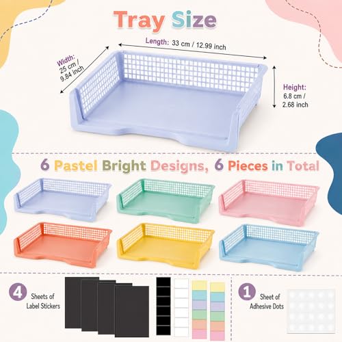 Set of 6 Pastel Turn in Trays with Label Stickers for Teachers Stackable Classroom Paper Letter Trays Plastic Classroom Desk Letter Organizer Tray Storage Baskets for Library, Drawers, Office, Home - color: Pastel