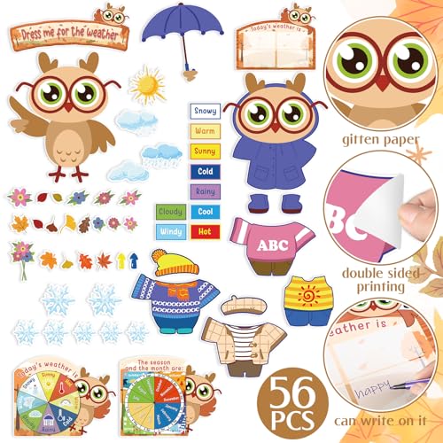 Ireer 56 Pieces Weather Bulletin Board Set for Preschool 12 x 8'' Animal Weather Chart for Classroom Dress up Seasonal Bulletin Board Cutout for Wall Blackboard Decorations (Owl) - style: Owl