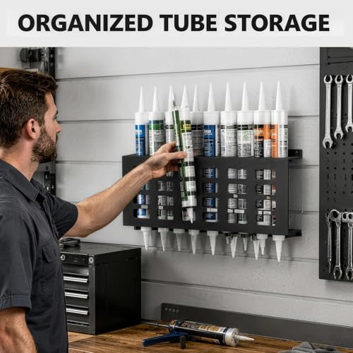 2 Pack 11 Slots Black Grease Tube Holder, Caulk Tube Rack for Work Van, Heavy Duty Wall Mount Storage Organizer for Garage Workshop