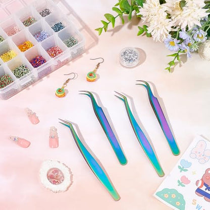 UNICRAFTALE 4pcs 2 Styles Stainless Steel Curved Pointed Craft Tweezer Rainbow Eyelash Tweezers Clips Sticker Picking Tool Tweezer for DIY Craft Precision Tweezers Jewelry Making - color: Rainbow-2 Styles