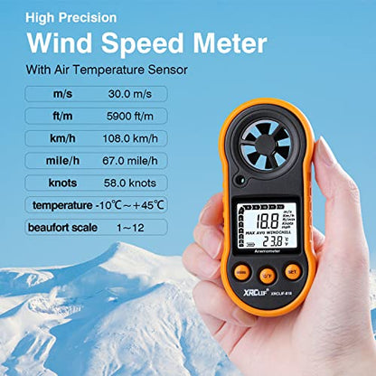 Digital Wind Speed Meter Anemometer Handheld Wind Gauges Air Flow Velocity Meter for Measuring Wind Chill Temperature Speed, Wind Meter Thermometer Gauge for Shooting Windsurfing Fishing Hunting - color: Yellow