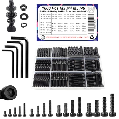 1600Pcs M3 M4 M5 M6 Metric Screw Assortment Kit, Metric Bolt Assortment Kit - color: Black, size: Black M3 M4 M5 M6--1600 Pcs