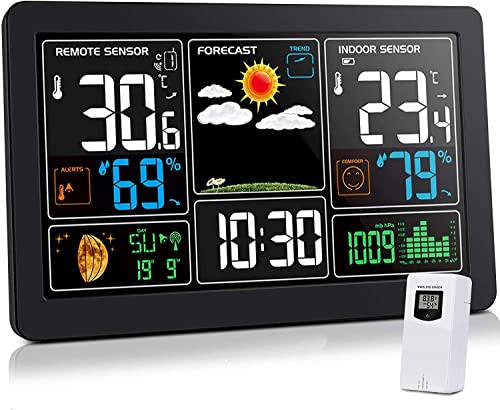 Home Weather Stations Wireless Indoor Outdoor Thermometer, Portable Digital Weather Clock Atomic, Bluetooth Color Forecast Station Estacion Meteorologica Weather Monitor with Alarm