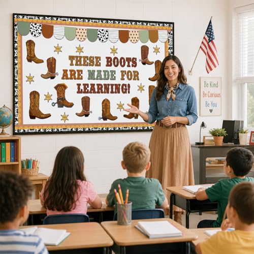 Western Cowboy Bulletin Board Decoration Set Wild Western Cowboy Boot Paper Cutouts These Boots are Made for Learning Brown Bulletin Board Border Set for Back to School Chalkboard Wall Decor Supply - style: Western Cowboy