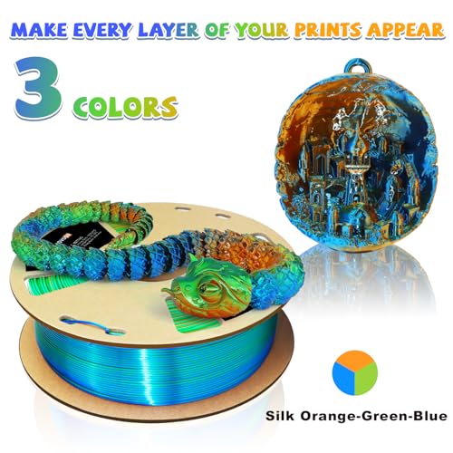 LOVOON PLA 3D Printing Filament 1.75MM Silk tricolors, Color Change by Angle Multicolor pla filaments Fit Most FDM Printers and 3D Pen, Silk Orange/Green/Blue, 1KG(2.2lb)/Spool - color: 3colors Silk Blue/Green/Orange, size: 1 kg