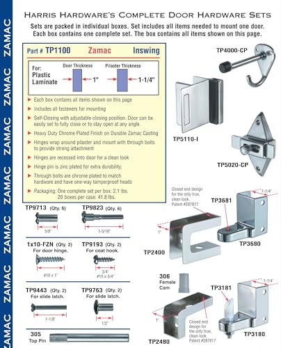 Harris Hardware TP1100 Toilet Partition Die Cast Zamac Complete Inswing Door Hardware Set, 1 in. Door 1-1/4 in. Pilaster - size: 1 in. Inswing