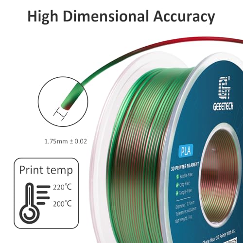 Geeetech Silk PLA Filament 1.75mm Silk Dual Color Filament, Coextrusion Dichromatic Metal-Like Shiny Consumable 1kg (2.2lbs) 1 Spool, Dimensional Accuracy +/- 0.02 mm, Green Red - color: 1kg Dual Color Green-red