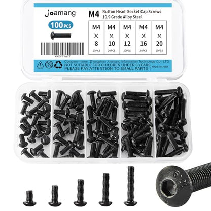 M4 x 8mm 10mm 12mm 16mm 20mm Button Head Socket Cap Screws Bolts, 10.9 Grade Alloy Steel, Black Oxide Finish, Metric Allen Hex Drive, Fully Threaded, Assortment Kit 100Pcs - size: Button M4x8-20 mm