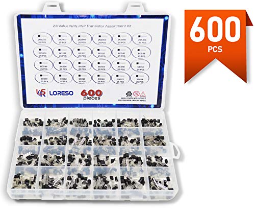 Transistor Assortment Kit Box By Loreso - 600 Piece 24 Value NPN PNP Transistor Box 2N2222 2N2907 BC327 BC337 BC556 2N3903 S9012 for Hobby Electronics, Audio-Video, Repair & Electronic Projects - style: Transistors