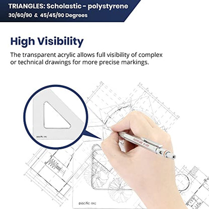Pacific Arc's Scholastic Triangle - 12 inch - Clear - 30/60 Angle - Plain Edge - Polystyrene - Technical Drawing Tools, Drafting, Architect and Engineering. - style: 12 inch, 30/60