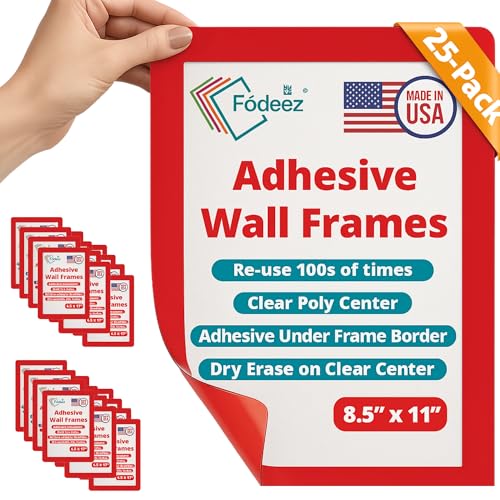 8.5 x 11 Adhesive Wall Frames - Peel & Stick Picture Frames, Wall Sign Holder, Paper & Letter Protector Sheets, Reusable Picture Frame, Dry Erase, Non Magnetic & Non Acryclic - Red, Pack of 25 - color: Red 25