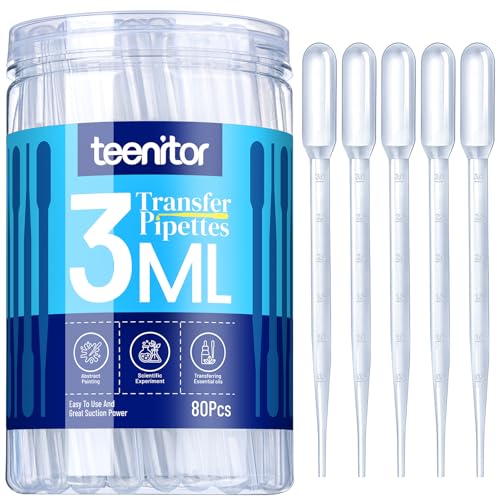 Teenitor 80PCS 3ML Pipette Dropper, Eye Dropper, Disposable Plastic Eye Droppers for Crafts, Droppers for Oils, Medicine Dropper Transfer Pipettes for Essential Oil Makeup Science
