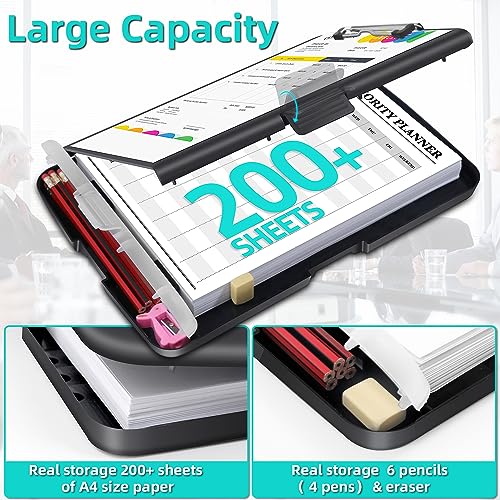 4 Pieces Clipboard with Storage, Real Hinge & 2 Compartment High Capacity Nursing Clipboards with Pen Holder, Letter Size Heavy Duty Plastic Slimcase, Smooth Writing for Paperwork Office Classroom - color: Black Side Opening, size: 4 Pack