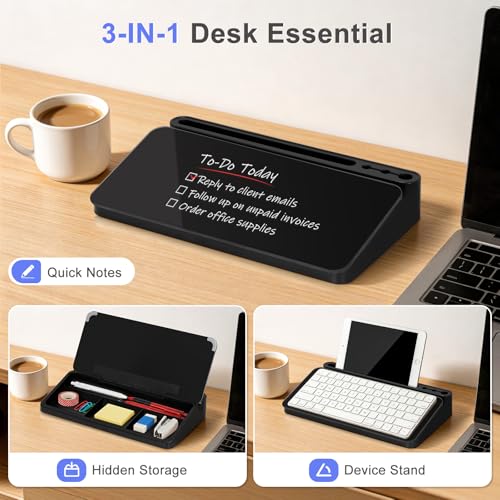 Small Desktop Glass Whiteboard with Storage, Desk White Board Stand Black - color: Black