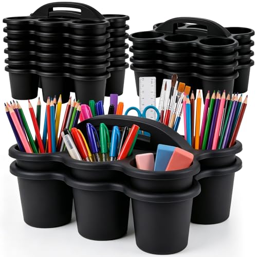 Novabright 12 Pack Classroom Caddy, Stackable Plastic Caddy Storage Basket with Handle for Kids, Table Desk Office Arts, Crafts, Crayon, Marker, Pencil, School Supplies (Black) - color: Black