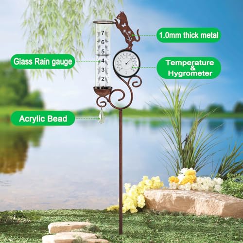 Cat Rain Gauge Outdoor,Large Number Scale Rain Gauge-Temperature&Hygrometer - color: Cat