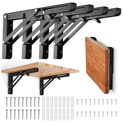 4 Pcs Folding Shelf Brackets, 10 Inch Heavy Duty Metal Foldable Triangle Wall Mounted Table Hinge, Space Saving Black Brackets for Bench Table DIY with Screws