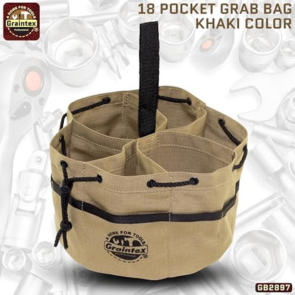 Graintex GB2897 18 Pockets Grab Bag Khaki Color Rip-Stop Canvas Drawstring Closure, Small Parts Organizer Bag, Parachute for Screws, Tools, - color: Khaki