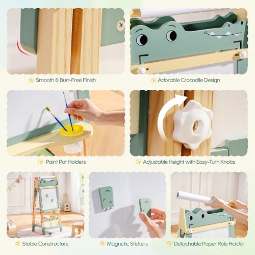 ROBOTIME Alligator Easel for Kids - 3-in-1 Adjustable Height Wooden Children Easel with Magnetic Whiteboard, Chalkboard & Paper Roll Holder, Fun Kid's Art Station for Boys & Girls Ages 3~12 Years