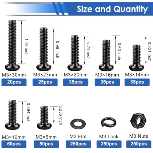 smseace 1000Pcs Black M3 Screws with Nuts Assortment Kit Nuts M3x6/10/14/16/20mm 5-Sizes Bolt Washer Assortment Kit for Machinery, Furniture, Automotive,DIY, 3D Printer, Motorcycle Repairs - color: Black, size: 1000Pcs M3