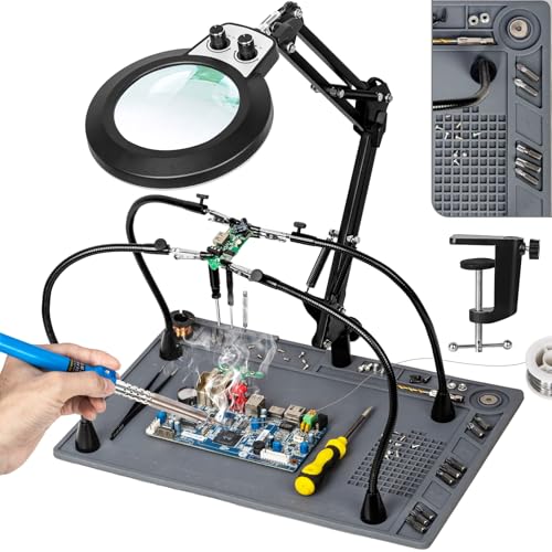 Helping Hands Soldering Station, 10X Magnifying Glass with Light - color: Gray, size: 10.63×15.35-Inch(10X)