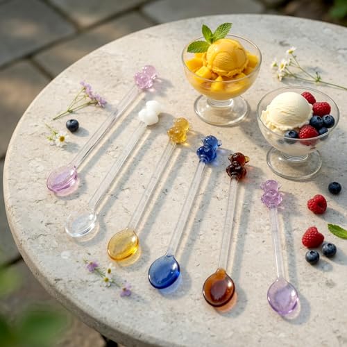 Homestia 6 Pieces Glass Spoons for Coffee Teaspoons Glass Stirring Spoon - color: 6 PCS + 6'' +Bear Glass Colored Stirring Spoon