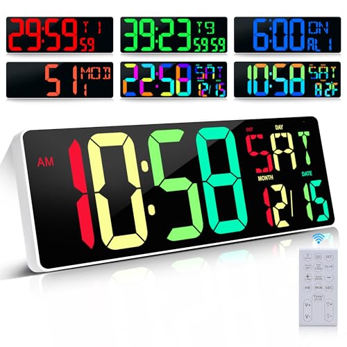 17.2" Large Digital Wall Clock 10 RGB Colors 9 Group Timer Remote Control - color: White Shell&rgb