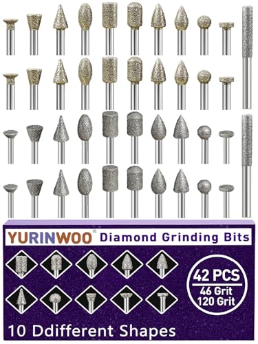 46-Grit &120-Grit Diamond Grinder Bit 1/8" Shank Compatible with Dremel Rotary Tool, 42Pcs Stone Carving Diamond Drill Bits for Carve Engrave Polish Wood Resin Porcelain Ceramic Quartz Metal - style: 42PCS-46 & 120Grit