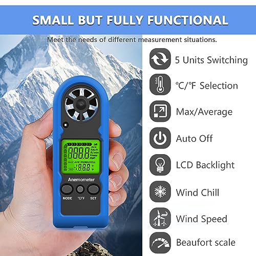 HoldPeak Handheld Anemometer Mini, 65MPH Small Wind Speed Meter Gauge Air Flow Velocity Temperature Measuring Device for Outdoor Sailing Surfing Drone Flying Golf Shooting HVAC 816BH - color: HP-816B-with Blue Sheath-1PC