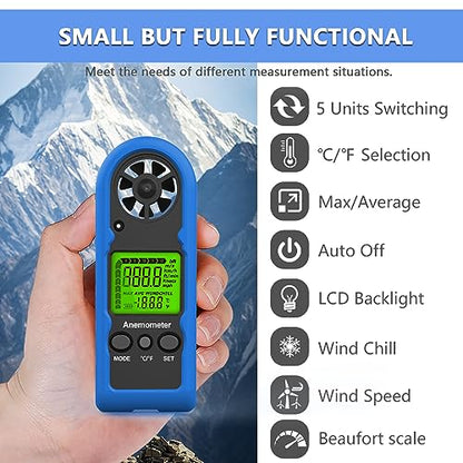 HoldPeak Handheld Anemometer Mini, 65MPH Small Wind Speed Meter Gauge Air Flow Velocity Temperature Measuring Device for Outdoor Sailing Surfing Drone Flying Golf Shooting HVAC 816BH - color: HP-816B-with Blue Sheath-1PC