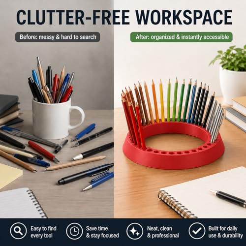 Pen Holder Organizer for Desk - 48 Slot Multi-Compartment Storage | Standing Desktop Caddy for Office Supplies | Space-Saving Vertical Design for Markers Pencils Brushes - color: Red