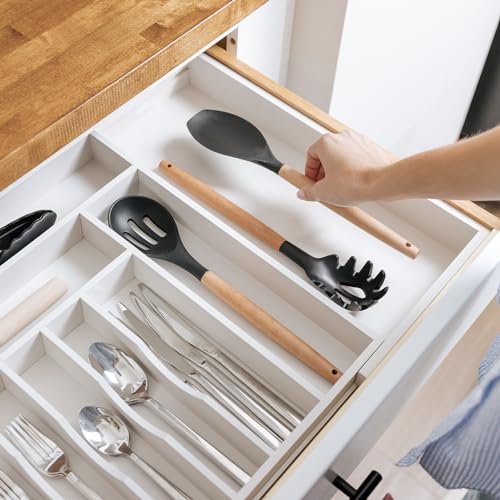 KitchenEdge Silverware & Utensil Organizer | White Bamboo, 18-33 In - color: White Bamboo, size: From 18" to 33" Wide