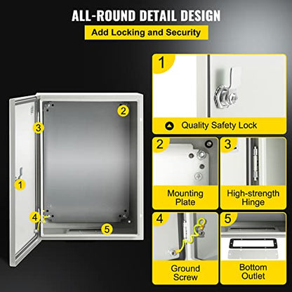 VEVOR NEMA Steel Enclosure, 16 x 12 x 8'' NEMA 4X Steel Electrical Box, IP66 Waterproof & Dustproof, Outdoor/Indoor Electrical Junction Box, with Mounting Plate - size: 16 x 12 x 8