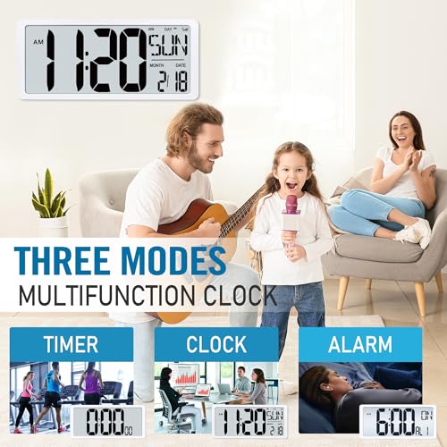 TXL 18.44" Large Amotic Digital Wall Clock with Backlight, Battery Operated Alarm Clock with Day, Date & Temperature, Jumbo Display Digital Count Up Down Timer Clock for Hoom,Classroom Room,Office - color: White Atomic Backlight-18.44in