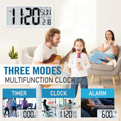 TXL 18.44" Large Amotic Digital Wall Clock with Backlight, Battery Operated Alarm Clock with Day, Date & Temperature, Jumbo Display Digital Count Up Down Timer Clock for Hoom,Classroom Room,Office - color: White Atomic Backlight-18.44in