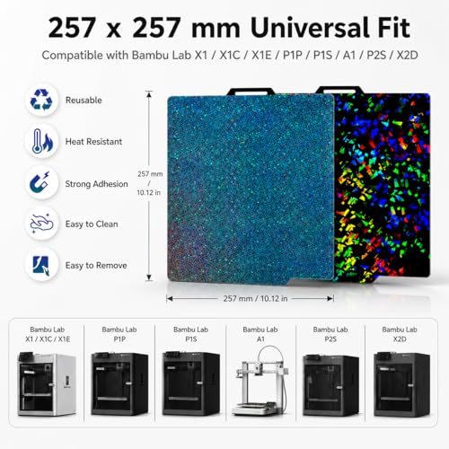 Holographic Build Plate for Bambu Lab P1S P2S X1 X1C X1E A1 - Tinytrees 257×257mm Flexible Spring Steel Plate with Flake & Starry Pattern, Easy Release 3D Printer Bed for PLA TPU PETG ABS - style: Flake+Starry